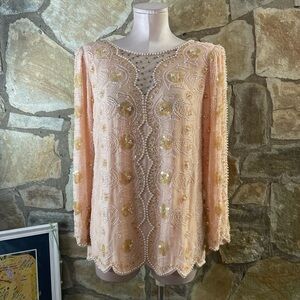 Vintage Pehle’s Beaded Sequin Blouse – Peach Rhinestone Embellished Top